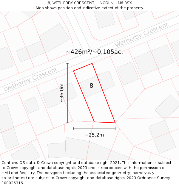 8, WETHERBY CRESCENT, LINCOLN, LN6 8SX: Plot and title map