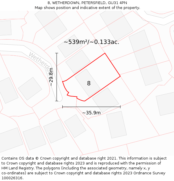 8, WETHERDOWN, PETERSFIELD, GU31 4PN: Plot and title map