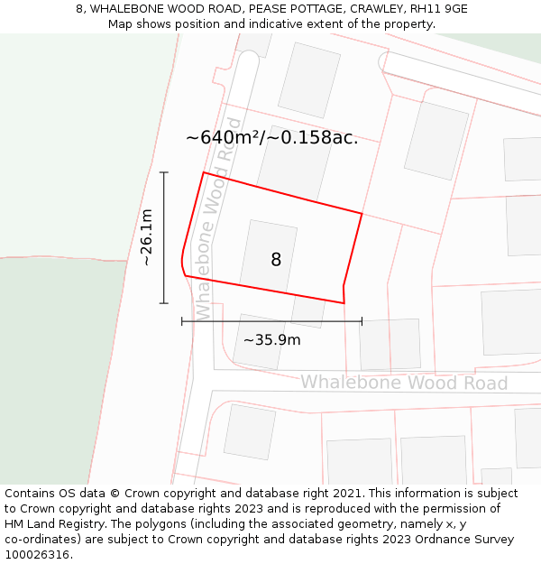 8, WHALEBONE WOOD ROAD, PEASE POTTAGE, CRAWLEY, RH11 9GE: Plot and title map