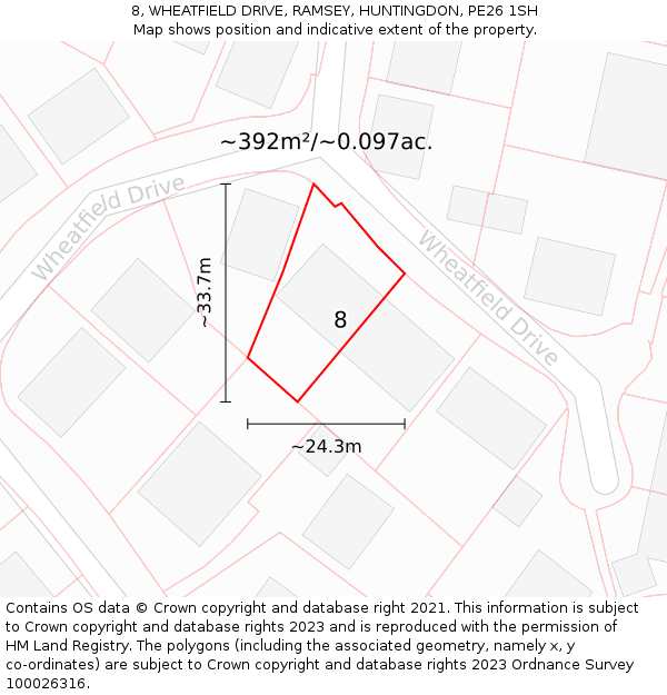 8, WHEATFIELD DRIVE, RAMSEY, HUNTINGDON, PE26 1SH: Plot and title map