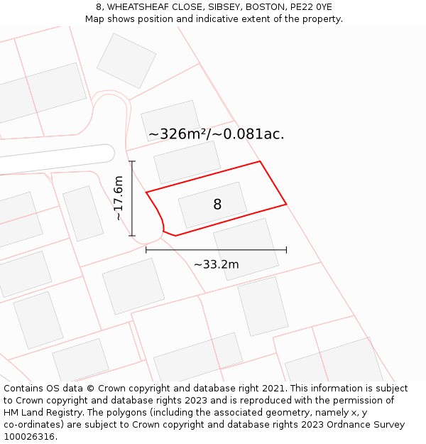 8, WHEATSHEAF CLOSE, SIBSEY, BOSTON, PE22 0YE: Plot and title map