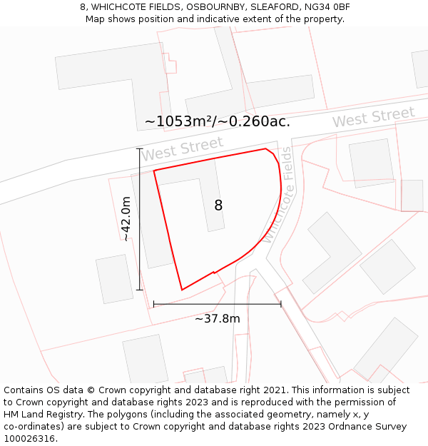 8, WHICHCOTE FIELDS, OSBOURNBY, SLEAFORD, NG34 0BF: Plot and title map