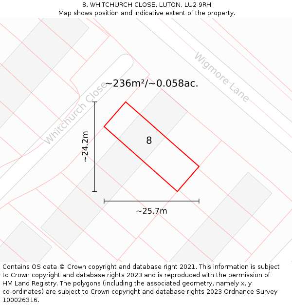 8, WHITCHURCH CLOSE, LUTON, LU2 9RH: Plot and title map