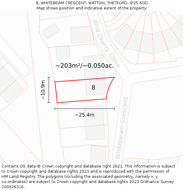 8, WHITEBEAM CRESCENT, WATTON, THETFORD, IP25 6GD: Plot and title map