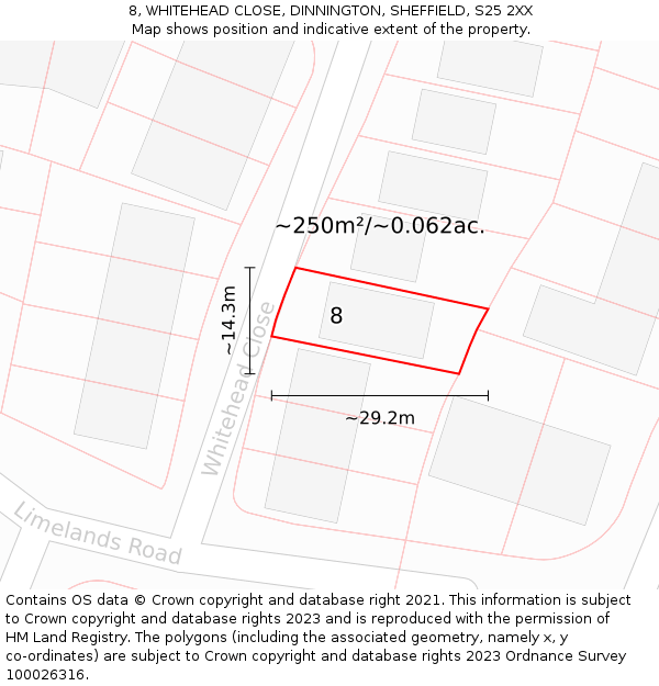 8, WHITEHEAD CLOSE, DINNINGTON, SHEFFIELD, S25 2XX: Plot and title map