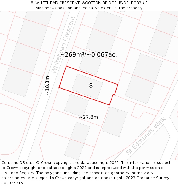 8, WHITEHEAD CRESCENT, WOOTTON BRIDGE, RYDE, PO33 4JF: Plot and title map