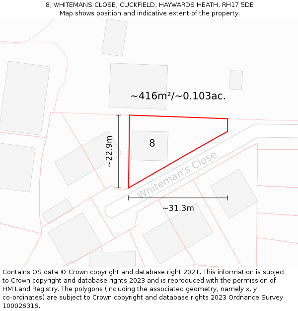 8, WHITEMANS CLOSE, CUCKFIELD, HAYWARDS HEATH, RH17 5DE: Plot and title map