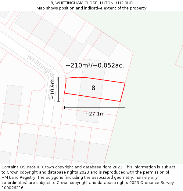 8, WHITTINGHAM CLOSE, LUTON, LU2 9UR: Plot and title map