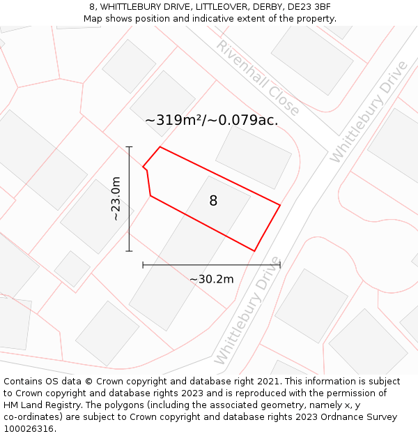 8, WHITTLEBURY DRIVE, LITTLEOVER, DERBY, DE23 3BF: Plot and title map