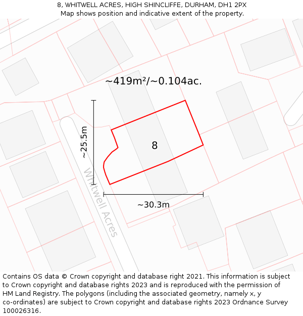 8, WHITWELL ACRES, HIGH SHINCLIFFE, DURHAM, DH1 2PX: Plot and title map