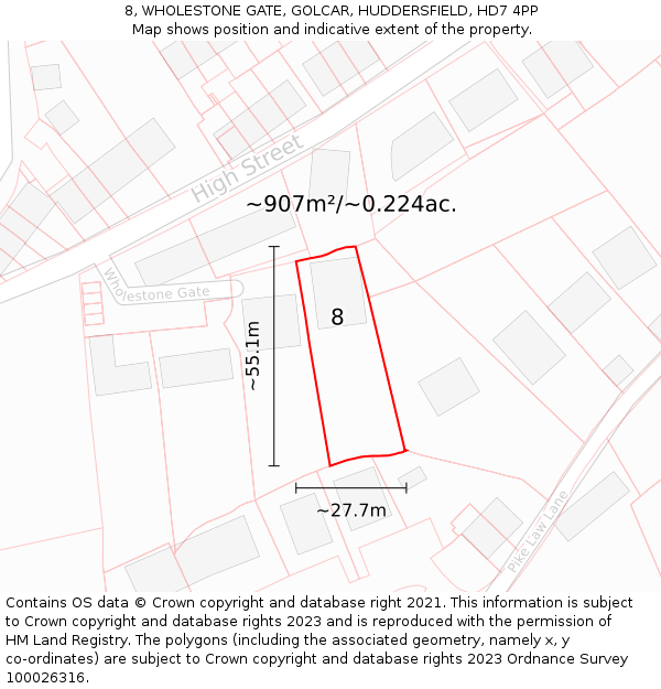 8, WHOLESTONE GATE, GOLCAR, HUDDERSFIELD, HD7 4PP: Plot and title map