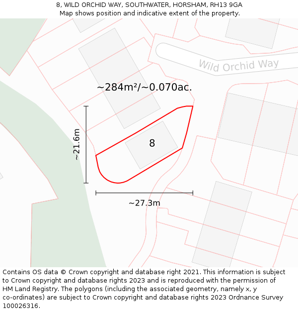 8, WILD ORCHID WAY, SOUTHWATER, HORSHAM, RH13 9GA: Plot and title map