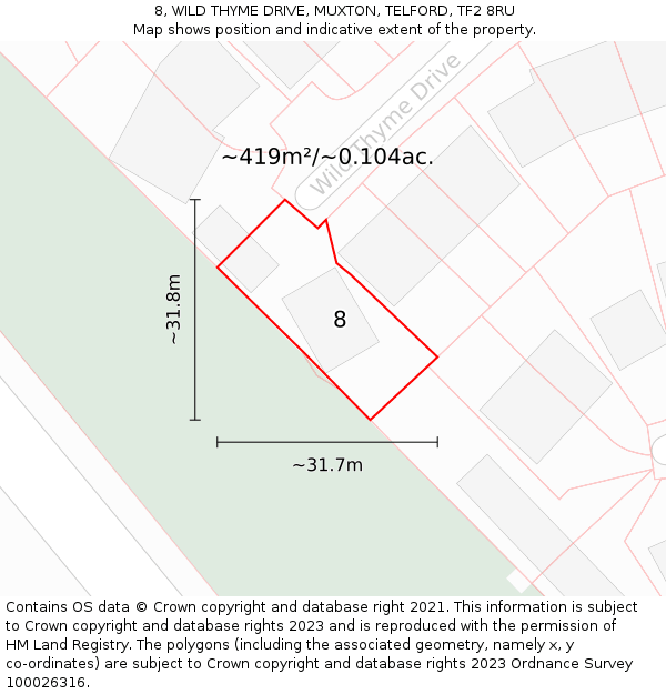8, WILD THYME DRIVE, MUXTON, TELFORD, TF2 8RU: Plot and title map