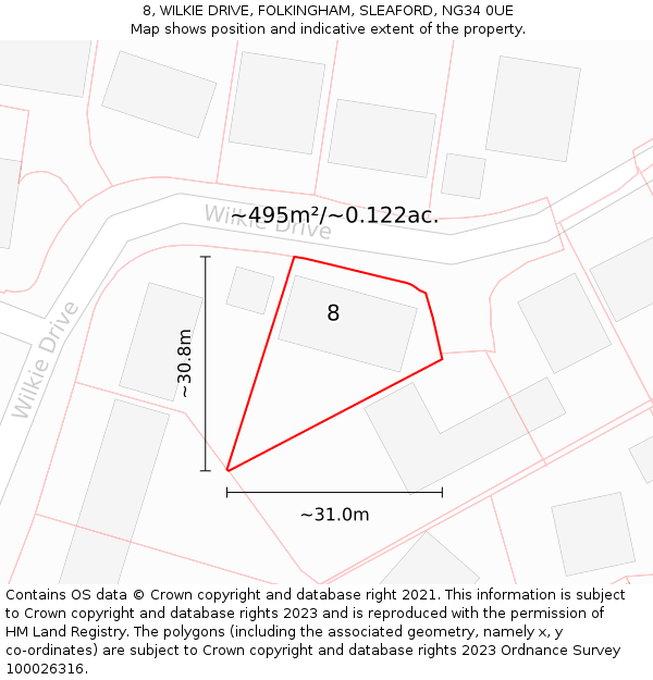 8, WILKIE DRIVE, FOLKINGHAM, SLEAFORD, NG34 0UE: Plot and title map