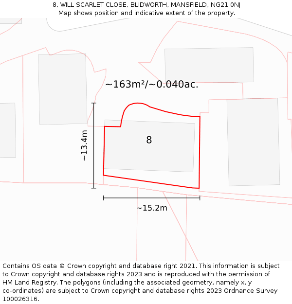 8, WILL SCARLET CLOSE, BLIDWORTH, MANSFIELD, NG21 0NJ: Plot and title map