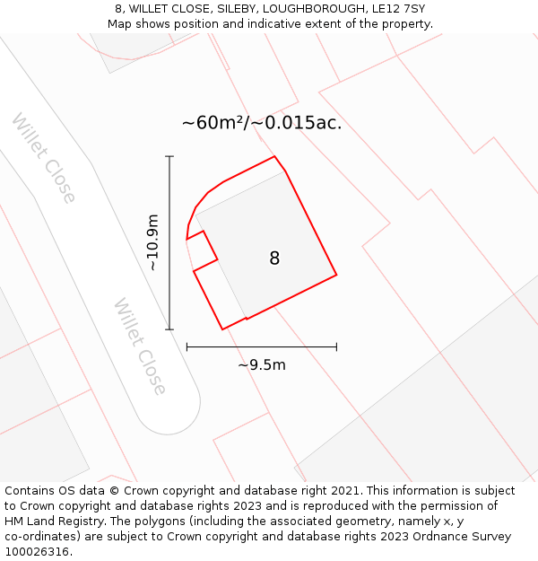 8, WILLET CLOSE, SILEBY, LOUGHBOROUGH, LE12 7SY: Plot and title map