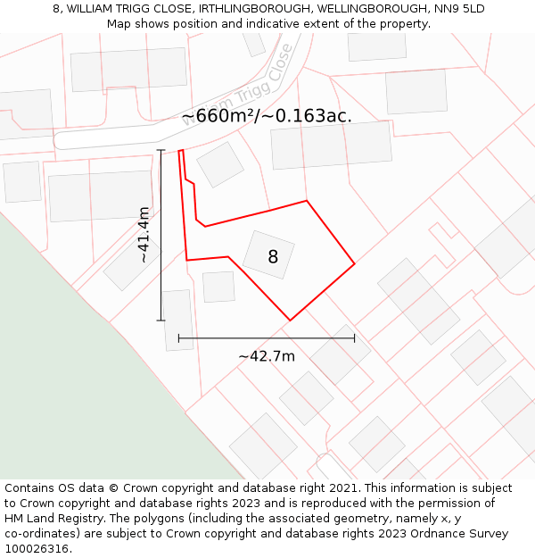 8, WILLIAM TRIGG CLOSE, IRTHLINGBOROUGH, WELLINGBOROUGH, NN9 5LD: Plot and title map