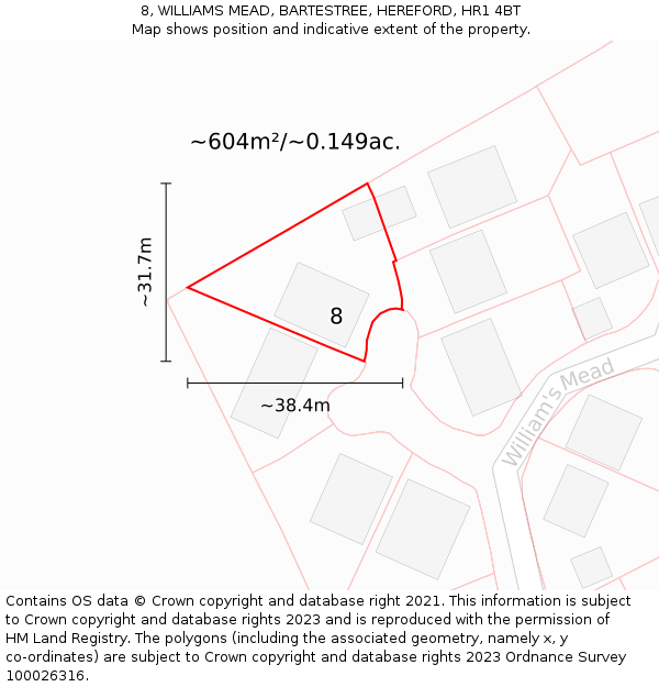 8, WILLIAMS MEAD, BARTESTREE, HEREFORD, HR1 4BT: Plot and title map