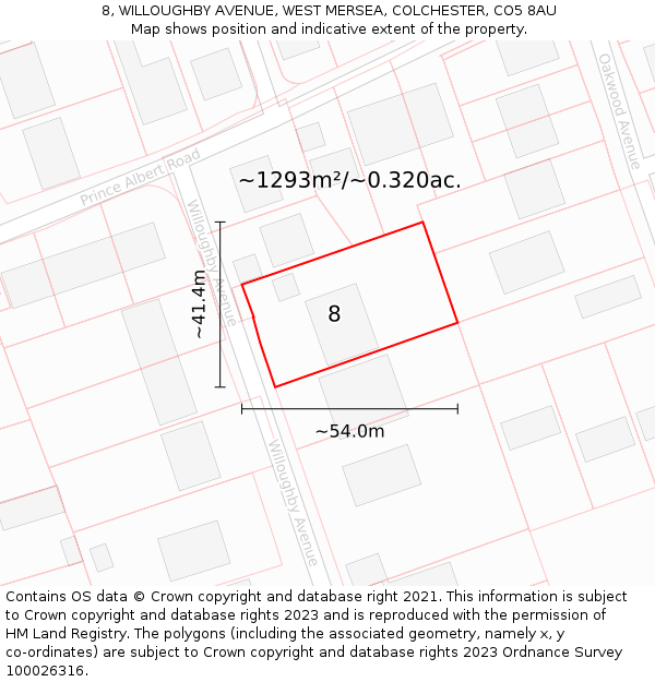 8, WILLOUGHBY AVENUE, WEST MERSEA, COLCHESTER, CO5 8AU: Plot and title map