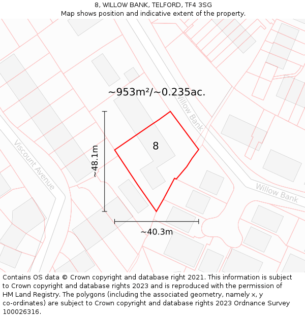 8, WILLOW BANK, TELFORD, TF4 3SG: Plot and title map