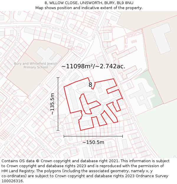 8, WILLOW CLOSE, UNSWORTH, BURY, BL9 8NU: Plot and title map