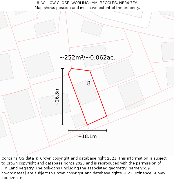 8, WILLOW CLOSE, WORLINGHAM, BECCLES, NR34 7EA: Plot and title map