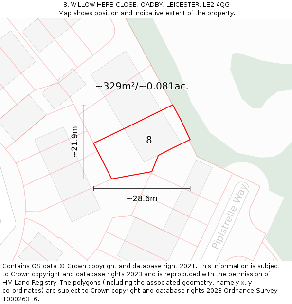 8, WILLOW HERB CLOSE, OADBY, LEICESTER, LE2 4QG: Plot and title map