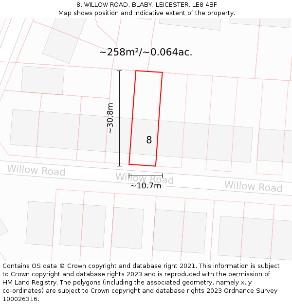 8, WILLOW ROAD, BLABY, LEICESTER, LE8 4BF: Plot and title map