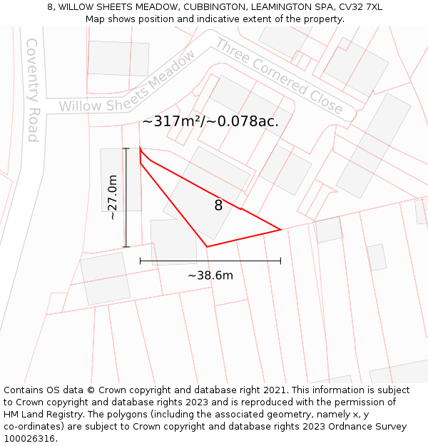 8, WILLOW SHEETS MEADOW, CUBBINGTON, LEAMINGTON SPA, CV32 7XL: Plot and title map