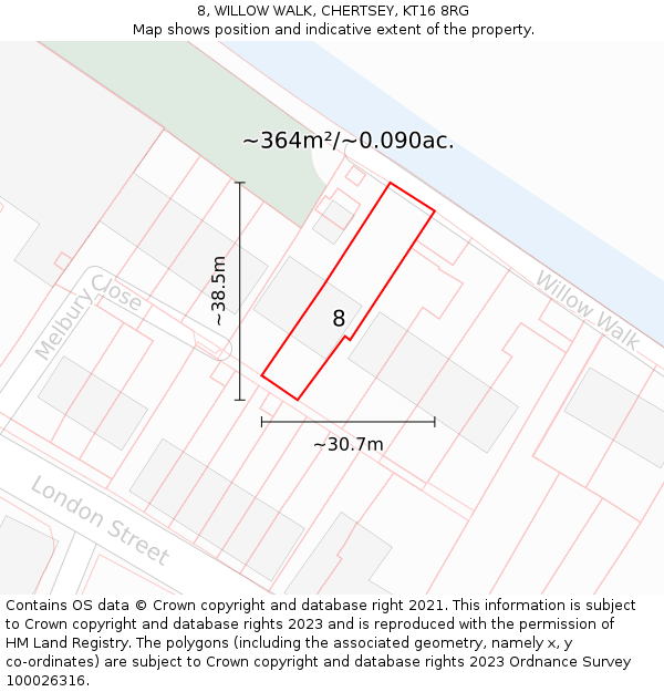8, WILLOW WALK, CHERTSEY, KT16 8RG: Plot and title map