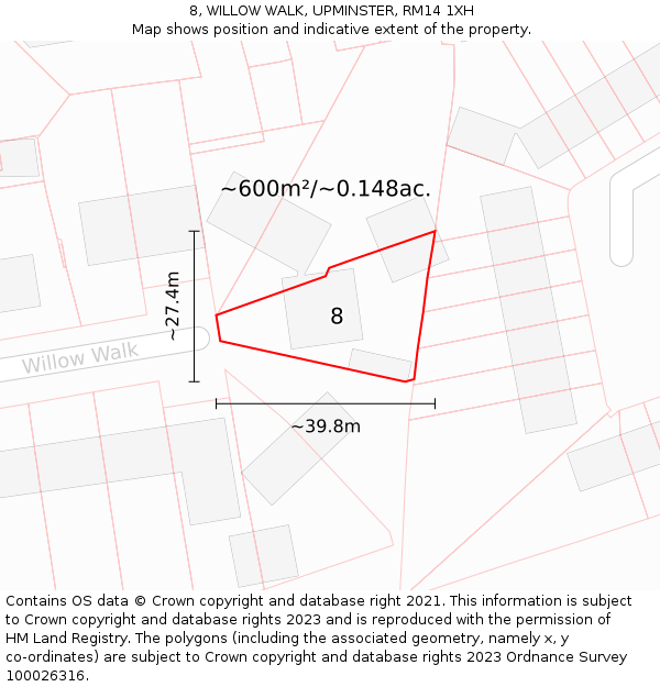 8, WILLOW WALK, UPMINSTER, RM14 1XH: Plot and title map