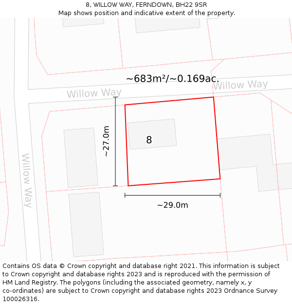 8, WILLOW WAY, FERNDOWN, BH22 9SR: Plot and title map