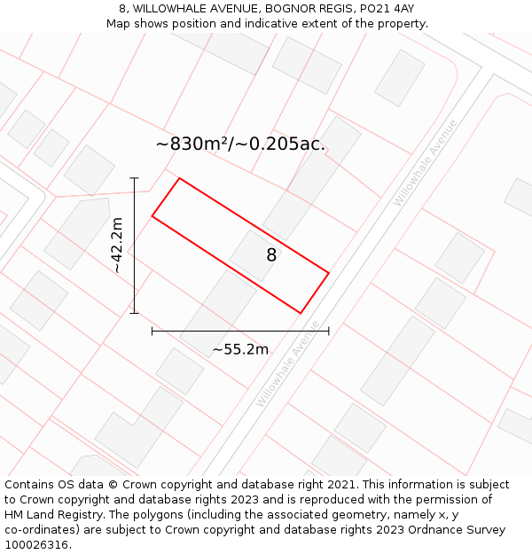 8, WILLOWHALE AVENUE, BOGNOR REGIS, PO21 4AY: Plot and title map