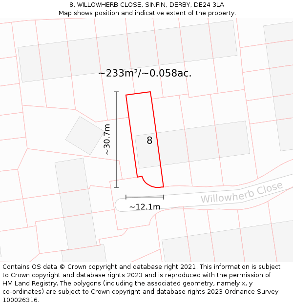 8, WILLOWHERB CLOSE, SINFIN, DERBY, DE24 3LA: Plot and title map