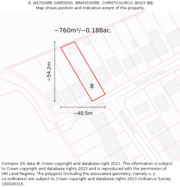 8, WILTSHIRE GARDENS, BRANSGORE, CHRISTCHURCH, BH23 8BJ: Plot and title map