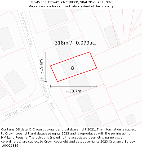 8, WIMBERLEY WAY, PINCHBECK, SPALDING, PE11 3RY: Plot and title map