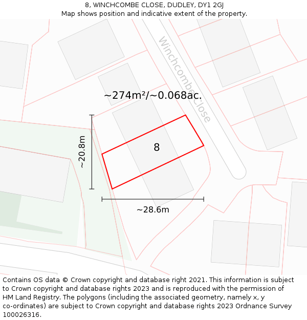 8, WINCHCOMBE CLOSE, DUDLEY, DY1 2GJ: Plot and title map
