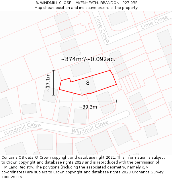 8, WINDMILL CLOSE, LAKENHEATH, BRANDON, IP27 9BF: Plot and title map