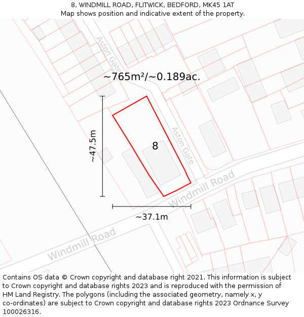 8, WINDMILL ROAD, FLITWICK, BEDFORD, MK45 1AT: Plot and title map