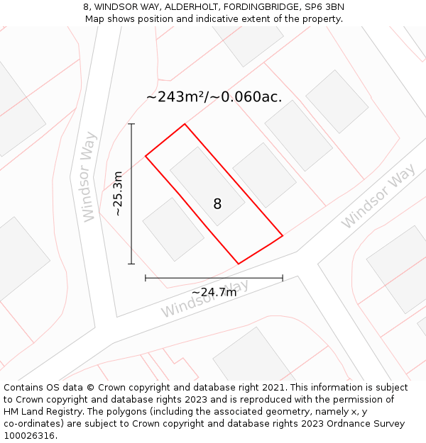 8, WINDSOR WAY, ALDERHOLT, FORDINGBRIDGE, SP6 3BN: Plot and title map