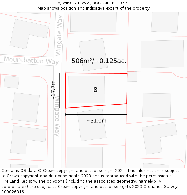 8, WINGATE WAY, BOURNE, PE10 9YL: Plot and title map