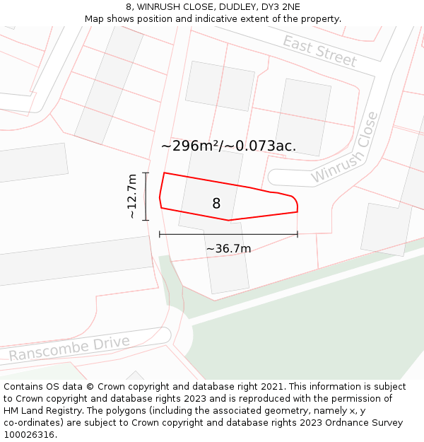 8, WINRUSH CLOSE, DUDLEY, DY3 2NE: Plot and title map