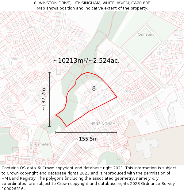 8, WINSTON DRIVE, HENSINGHAM, WHITEHAVEN, CA28 8RB: Plot and title map
