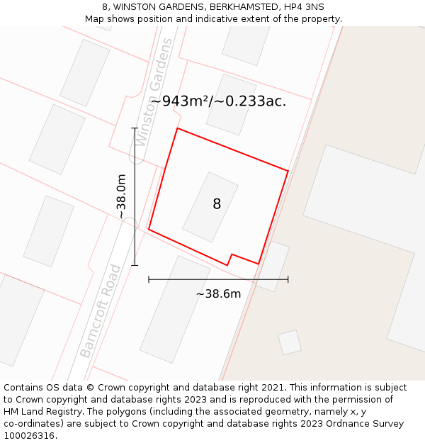 8, WINSTON GARDENS, BERKHAMSTED, HP4 3NS: Plot and title map