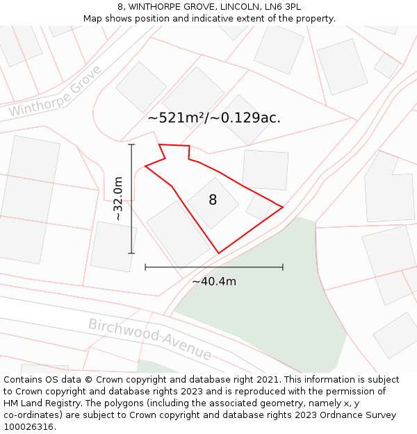 8, WINTHORPE GROVE, LINCOLN, LN6 3PL: Plot and title map