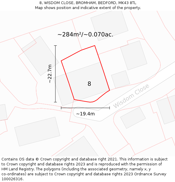 8, WISDOM CLOSE, BROMHAM, BEDFORD, MK43 8TL: Plot and title map