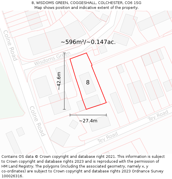 8, WISDOMS GREEN, COGGESHALL, COLCHESTER, CO6 1SG: Plot and title map