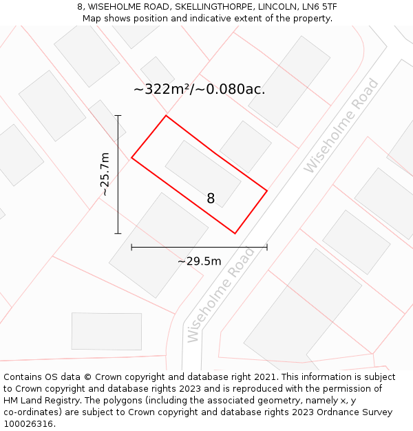 8, WISEHOLME ROAD, SKELLINGTHORPE, LINCOLN, LN6 5TF: Plot and title map