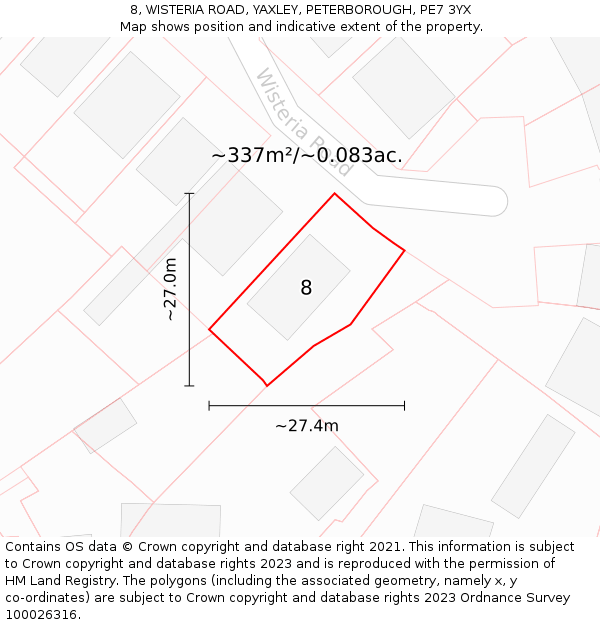 8, WISTERIA ROAD, YAXLEY, PETERBOROUGH, PE7 3YX: Plot and title map