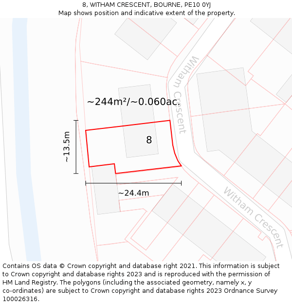 8, WITHAM CRESCENT, BOURNE, PE10 0YJ: Plot and title map